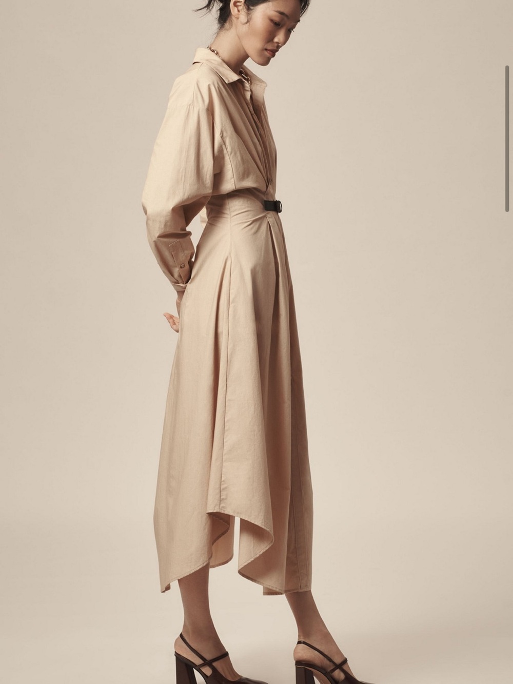 Long Sleeve Buckle Front Midi Shirt Dress